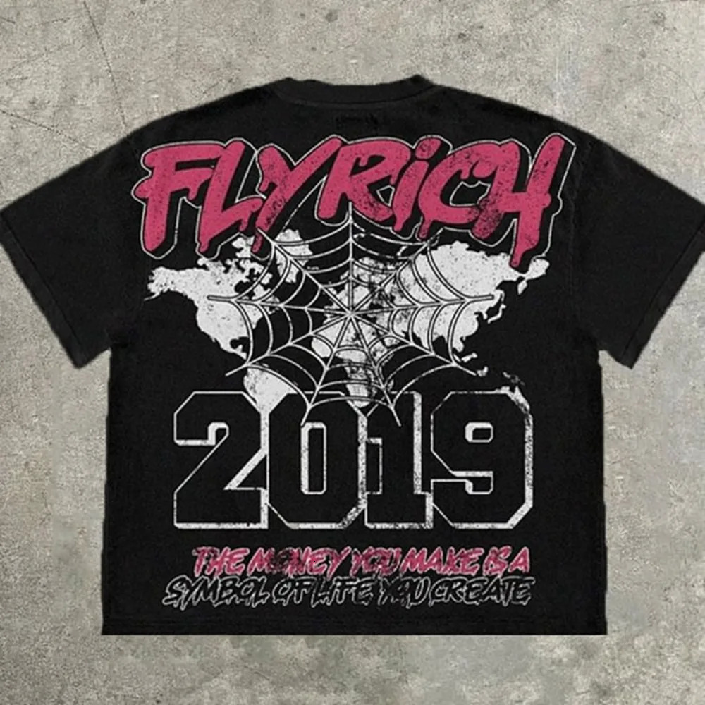 Y2K Vintage FlyRich World Graphic Print 100% Cotton T-Shirt Men Short Sleeves Vintage Oversize Tshirt Streetwear Women Tops