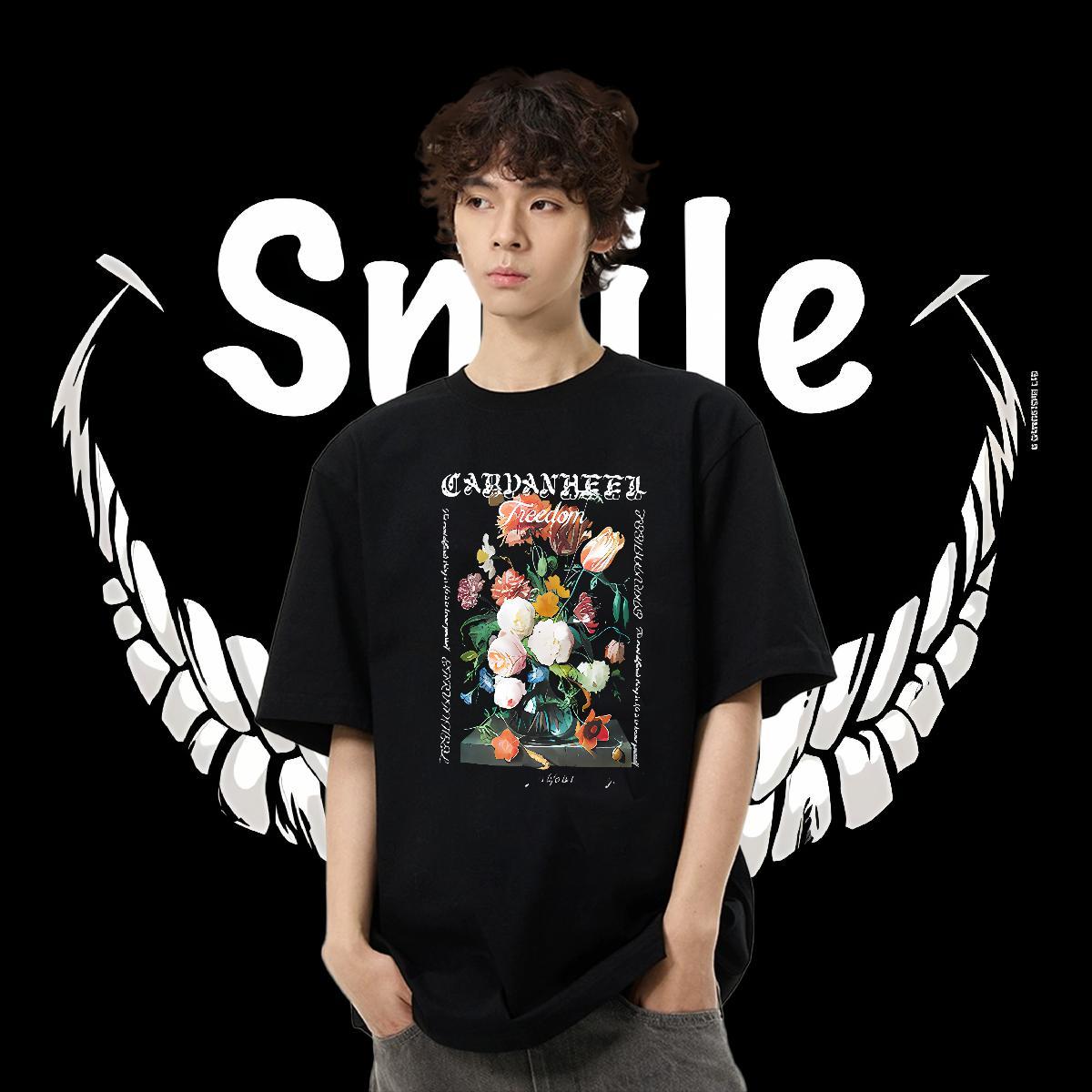 2024 New T-Shirts for Men 230g Cotton flower Hip Hop Street Tees Breathable Short Sleeve High Quality Tshirts Plus Size Cartoon