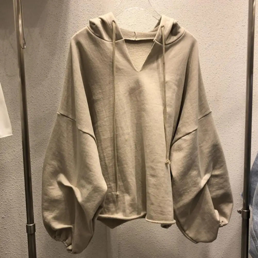 Women Hoodies Sweatshirt Solid Color Drawstring Pullover Hoodie Autumn Batwing Sleeve V-Neck Women Sweatshirt Loose Jumper 240806