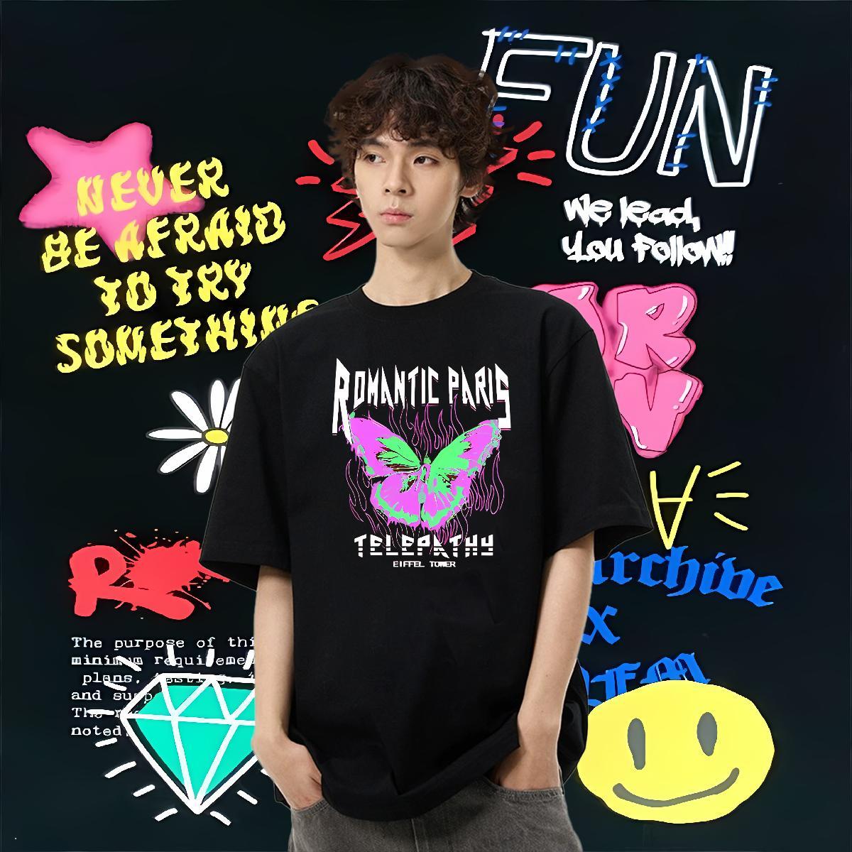 Classic Mens T Shirts 230g 100% Cotton Butterfly Anime Printing Street Clothings Breathable Crew Neck Cool Men Clothes T-Shirt DIY