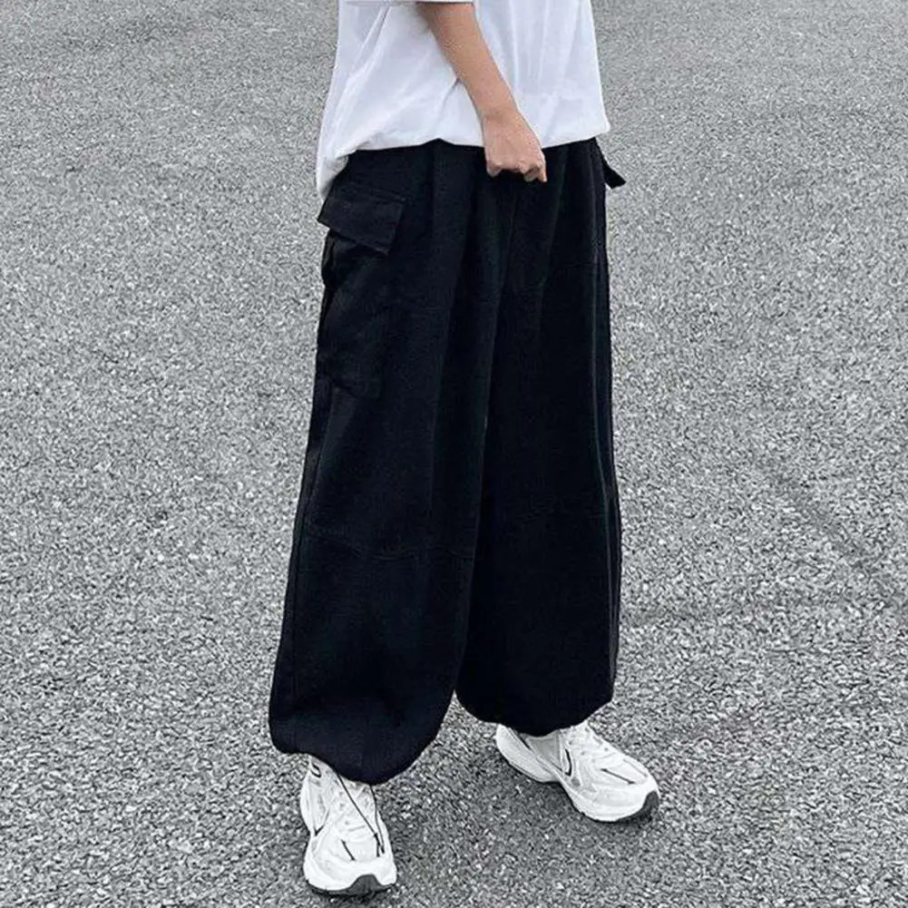 Men Pants Wide Leg Multi Pockets Elastic Waist Solid Color Loose Bottoms Straight Cargo Baggy Trousers for Outdoor 240806