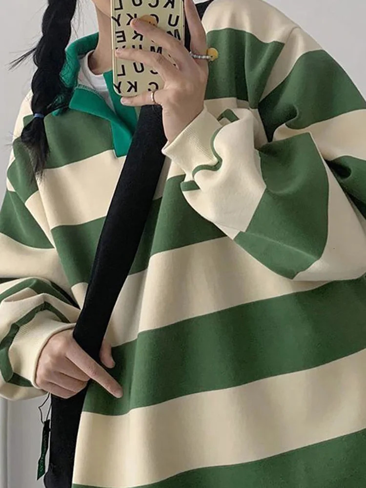 Green Striped T shirt Women Oversized Tee Harajuku Long Sleeve preppy Polo Shirt Ladies T-shirts For Teenagers Spring Casual Top 240806