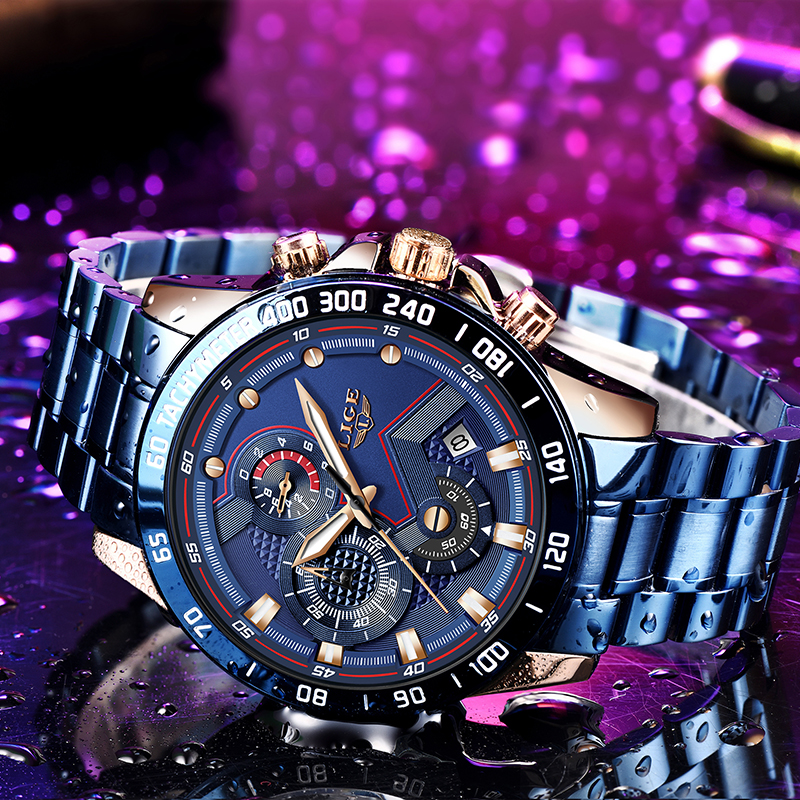 LIGE Men Watch Sport Chronograph Watch for Men Fashion Stainless Steel Quartz Wristwatches Luminous Man Clock