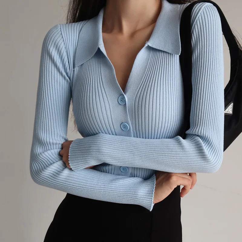 Women Lapel Slim Slimming Tops Ladies Hollow Buttons Sexy V Neck Long Sleeve POLO Neck Knit Cardigan Sweater Women 240806