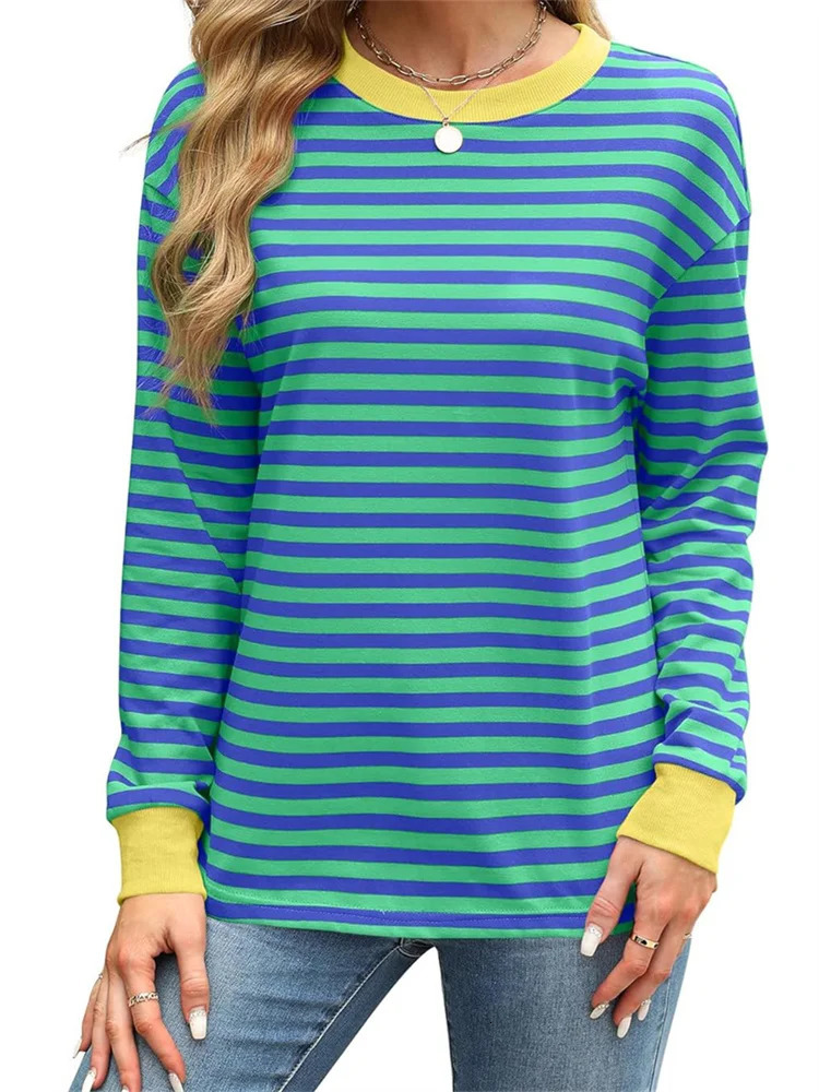 CHRONSTYLE Women Long Sleeve T-shirts Tops Striped Print Round Neck Spring Fall Casual Loose Fit Tees Shirts Streetwear 240806