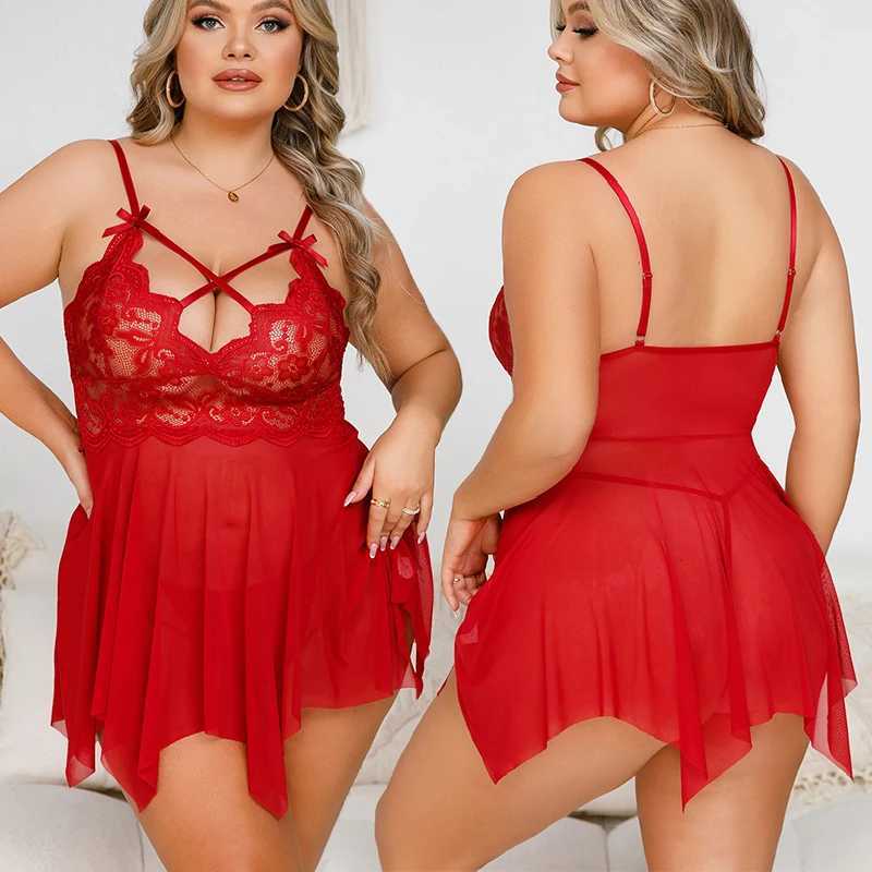 Plus Size Womens Erotic Nightgown Transparent Short Section Tulle Sexy Drees Sex Lingerie With Thong Exotic Baby Doll DressesXJ250220