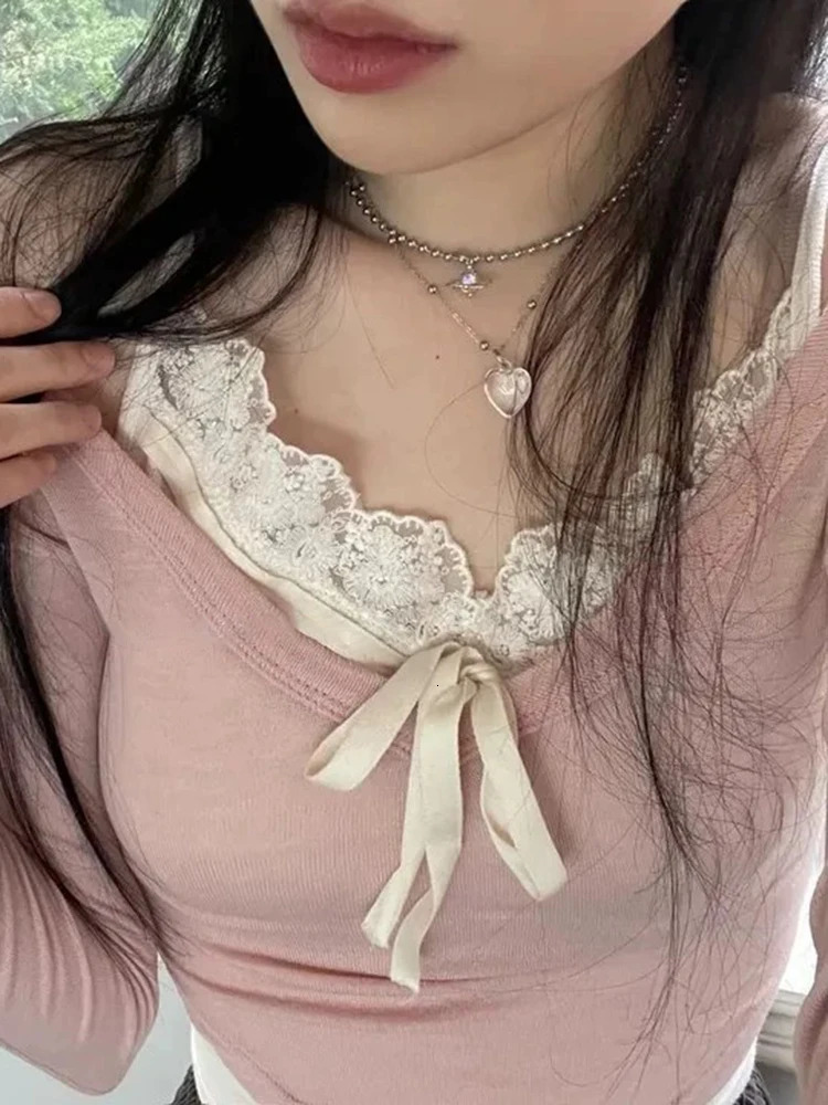 Sweet Y2K Lace Contrast Patchwork Slim Long Sleeve Pink T Shirt Women 2000s Cute Kawaii Clothes 240806