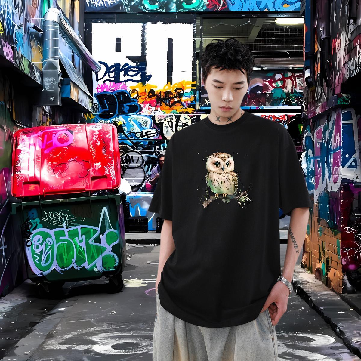 Stylist T-Shirts for Men 100% Cotton 230g Owl Spring Summer Tees Pure Cotton TOP Quality Men Tops Tees Customized Print