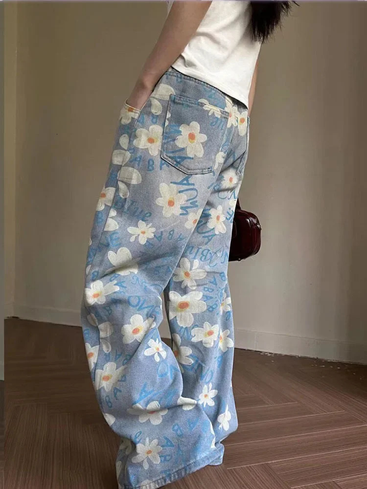 Vintage Baggy Blue Womens Jeans Straight Loose High Waist Trousers Flower Printing Streetwear Fashion Mom Denim Wide Leg Pants 240806