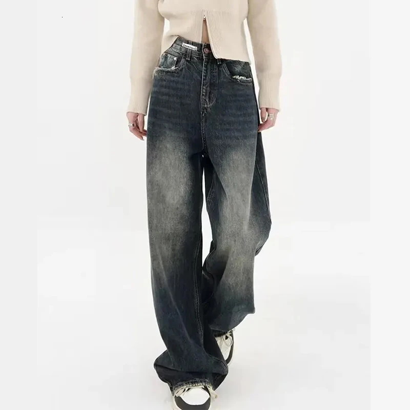 American Retro High Waist Straight Leg Loose Wide Leg Jeans Womens Washed Distressed Versatile Casual Pants 240806