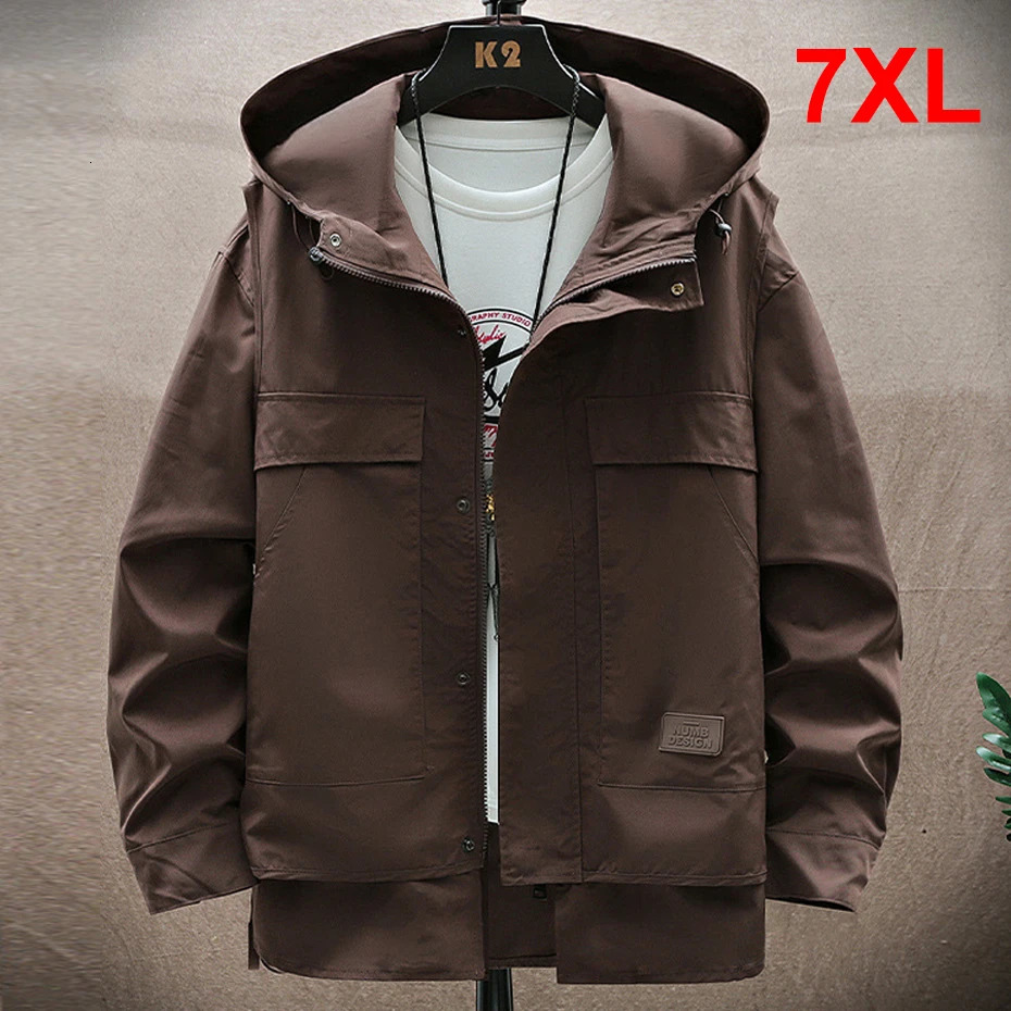Vintage Windbreak Jacket Men Hooded Coat Plus Fashion Casual Solid Color Jackets Big Size 7Xl Coats Male 240806