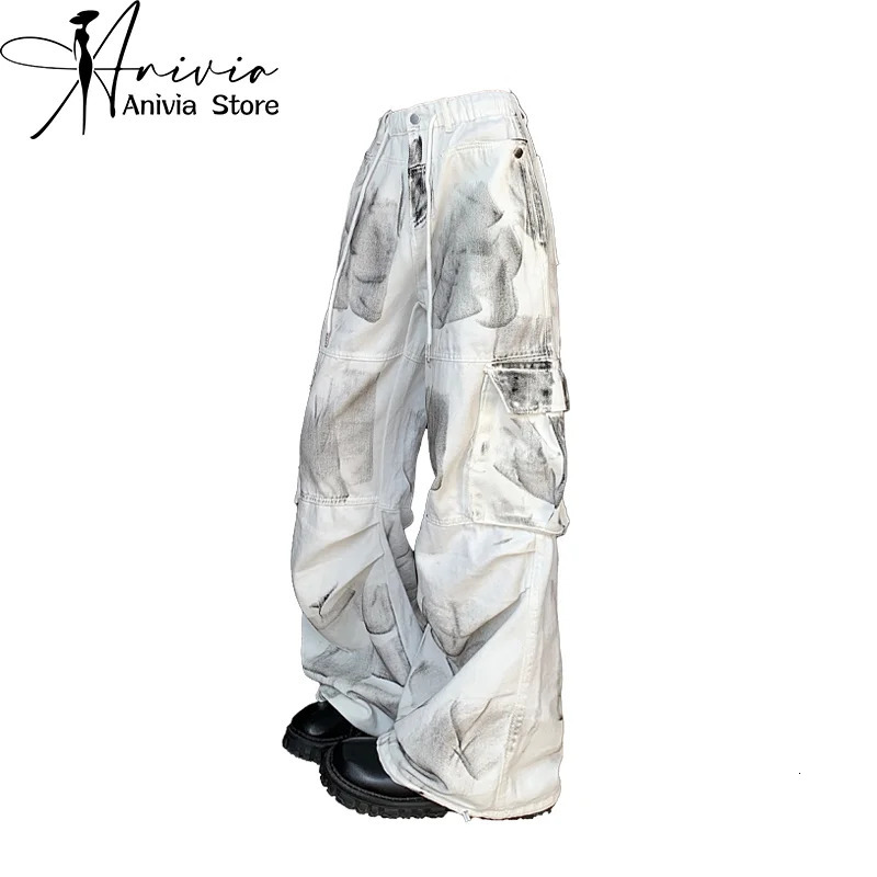Womens White Cargo Jeans Baggy Vintage High Waist Cowboy Pants Harajuku Aesthetic Tie-Dyed Denim Trousers 90s Y2k Clothes 240806
