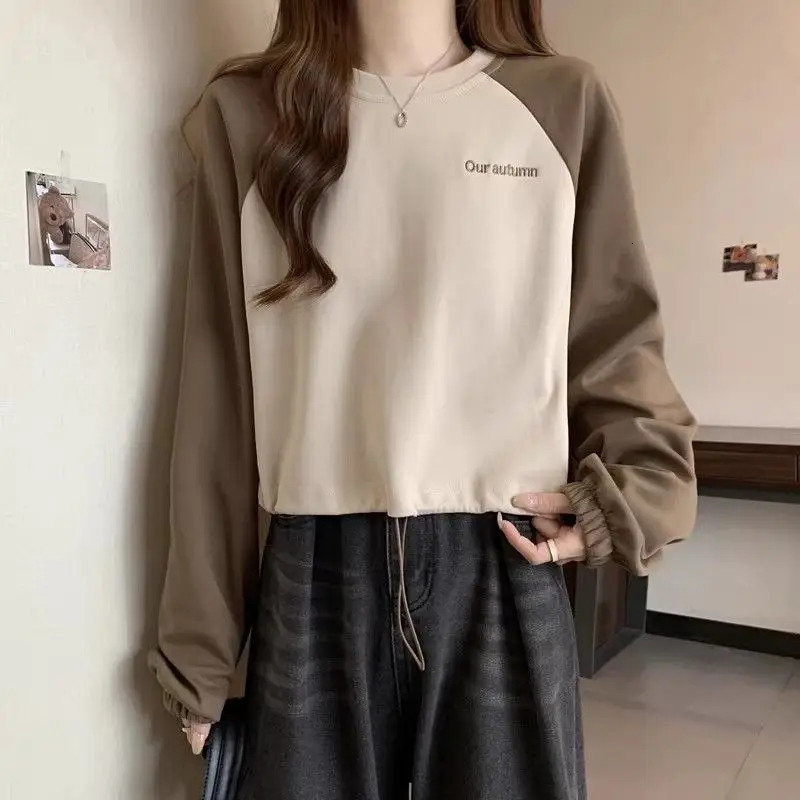 Office Lady Contrast Color Pullover Letter Embroidered Lantern Long Sleeve Womens Clothing Casual Loose Hoodies Round Neck Tops 240806