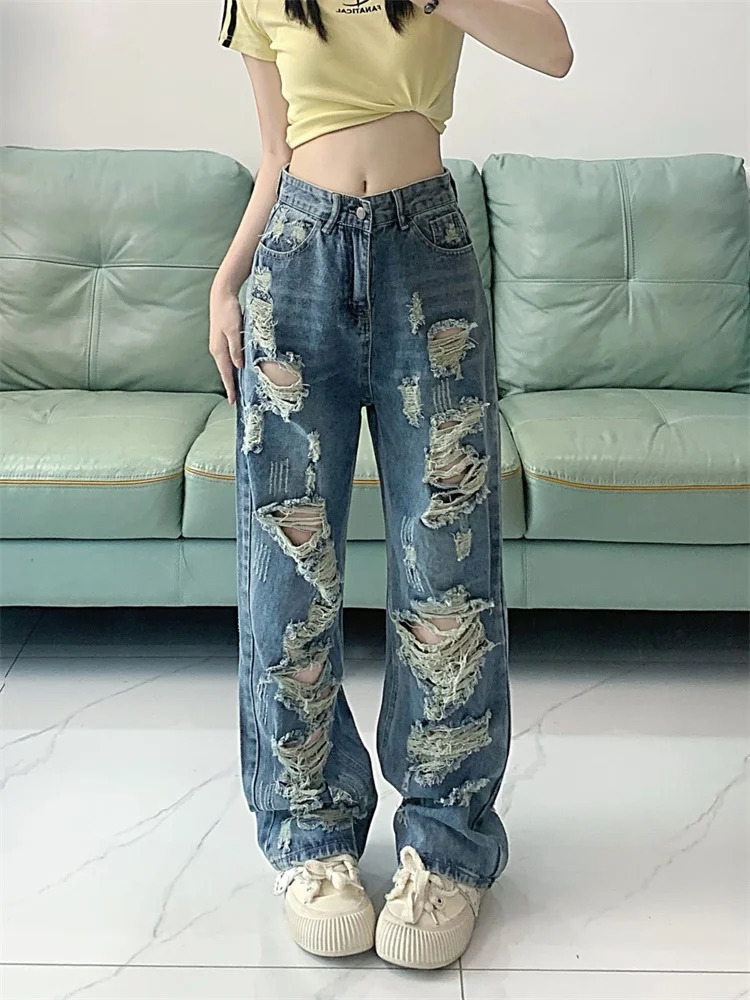 Womens Distressed Straight Jeans Summer Cool Girl Street Style Fashion Pant Female High Waist Multiple Holes Denim Trousers 240806