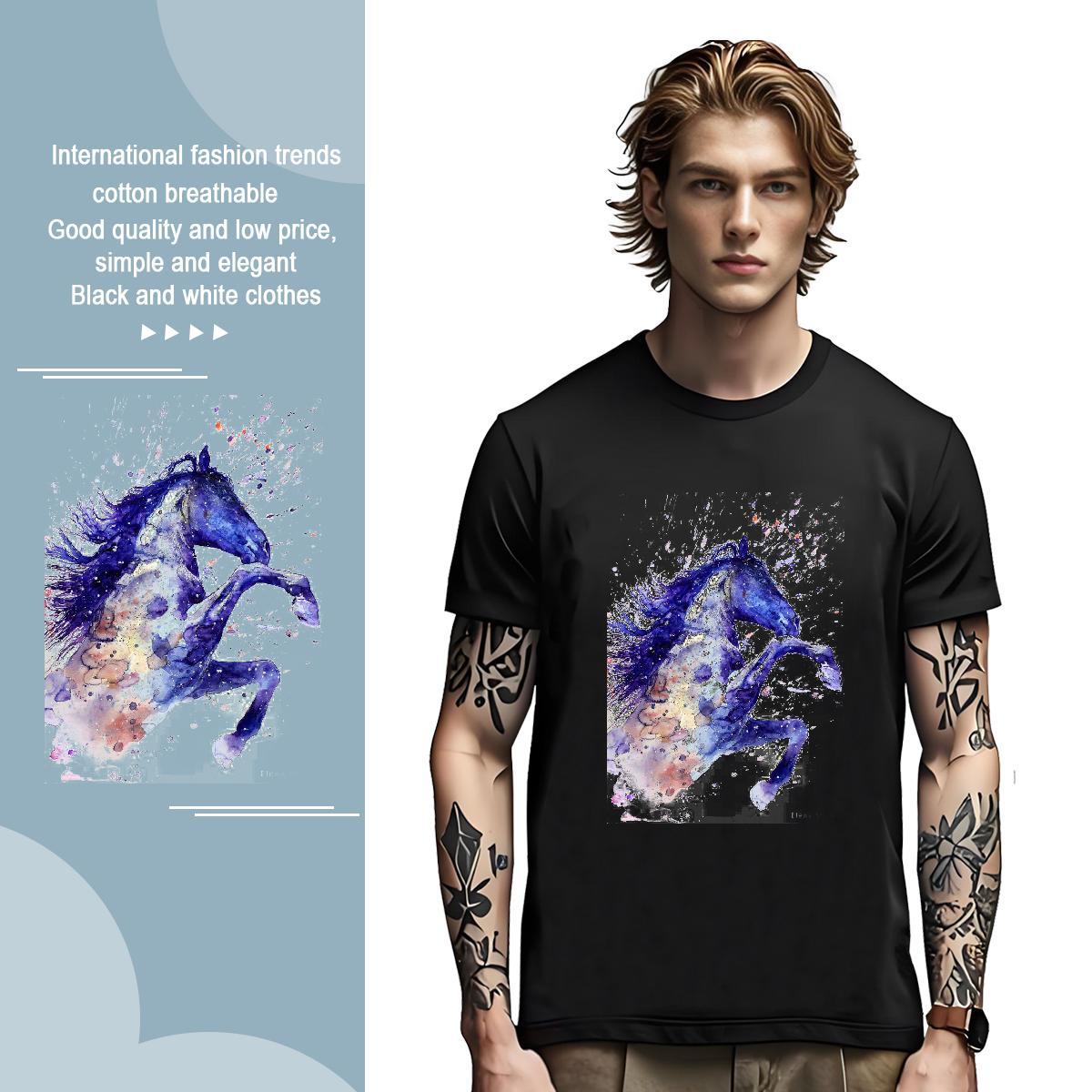 Man T Shirts 100% Cotton 230g horse Casual Daily Wear Breathable Soft Black White Men Clothes T-Shirt Fashion Cool Design Top Tees