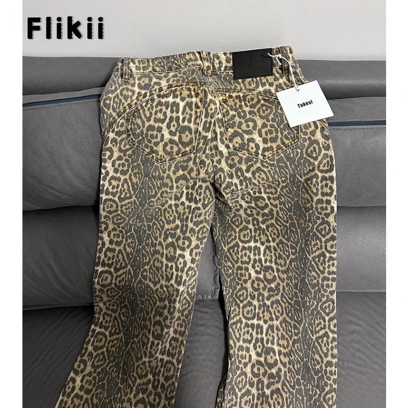 American Retro Leopard High Waist Baggy Jeans Womens Casual Pockets Hip-hop Pants Spring Y2K Oversiz Panther Denim Trouser 240806