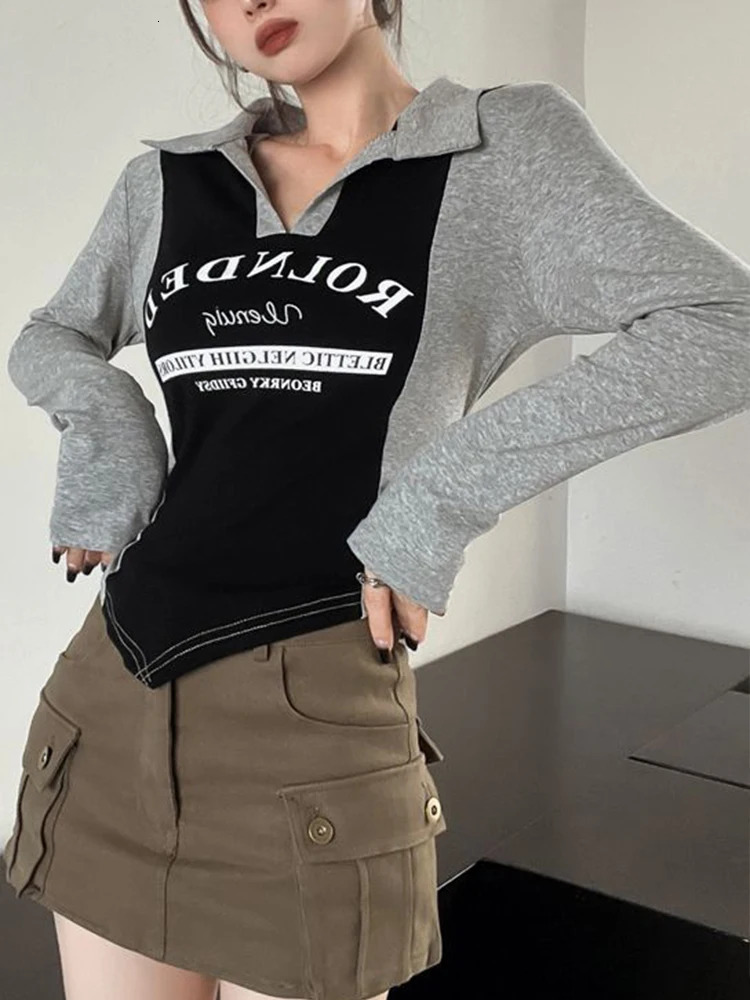 Letter Print Polo T-shirt Womens Spring Long Sleeve Cotton Crop Top Korean Fashion Patchwork Irregular Aesthetics Tight Y2k Top 240827