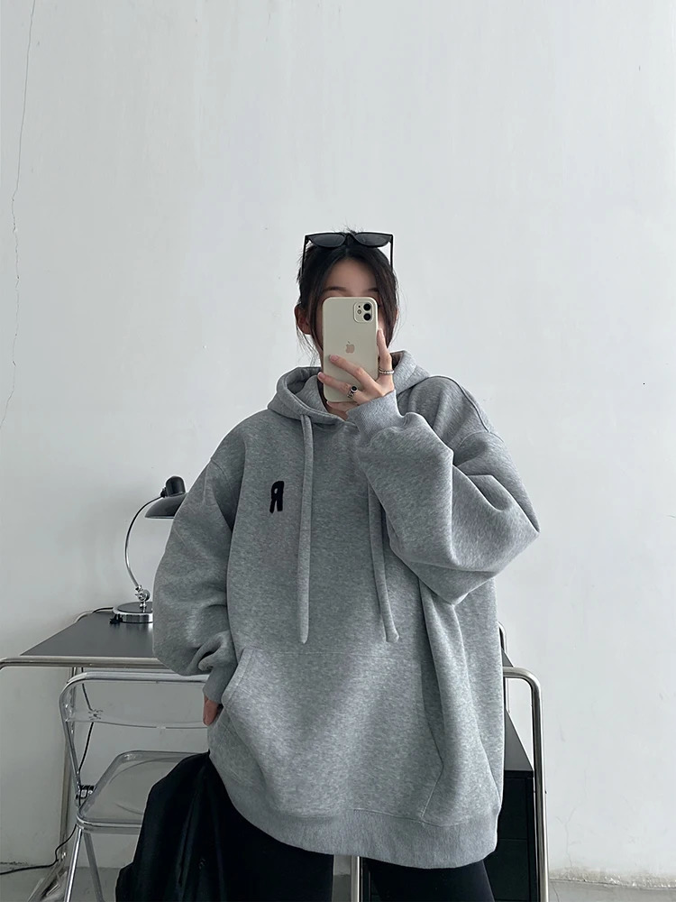 Womens Casual Sweatshirts Autumn Winter Lazy Style Solid Color Thick Loose Hooded Coat Streetwear Tops 240806