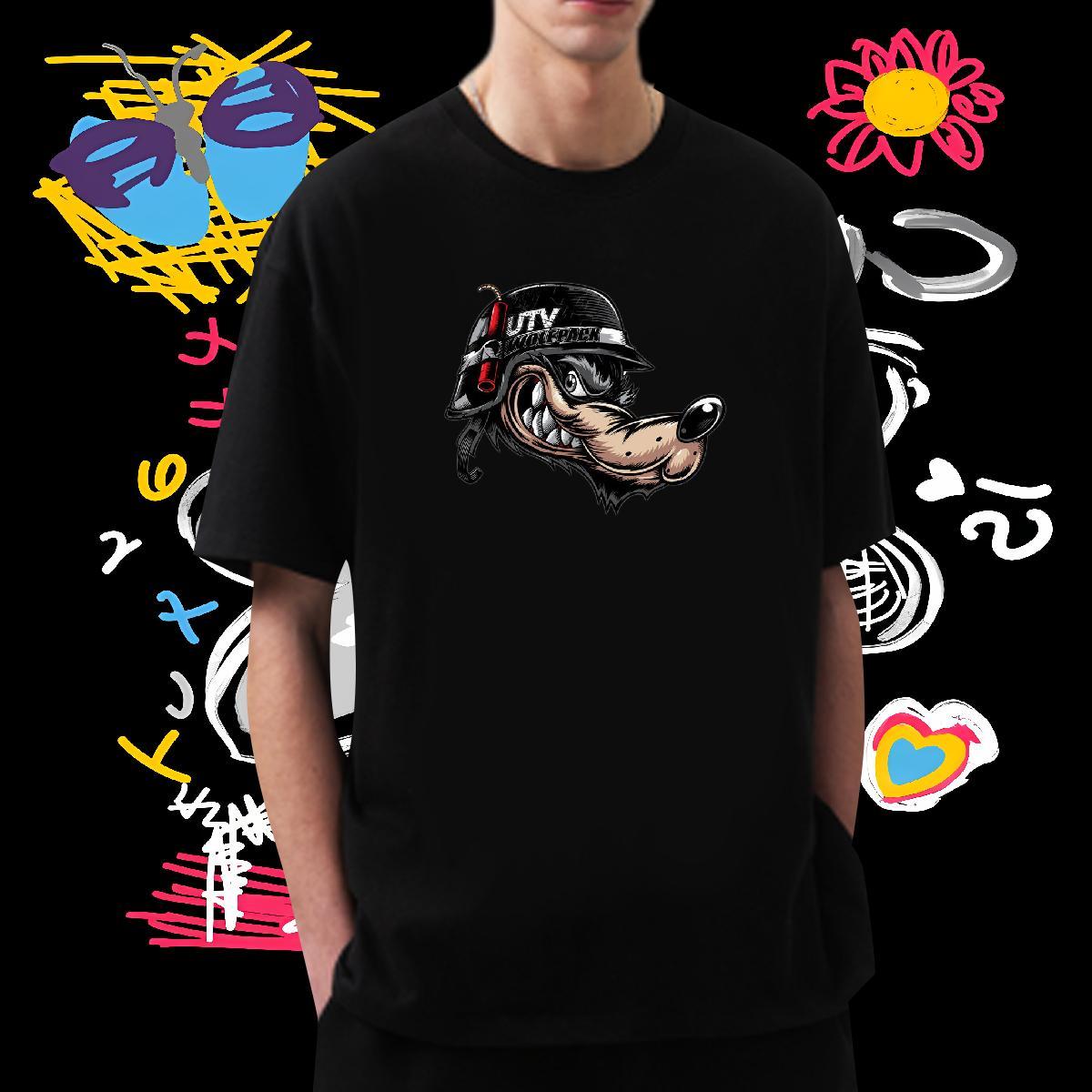 Free Shipping T shirt 230g Cotton wolf Sports Casual Tees Breathable Soft TOP Quality Tshirt for Man Woman Cartoon Printing L-4XL