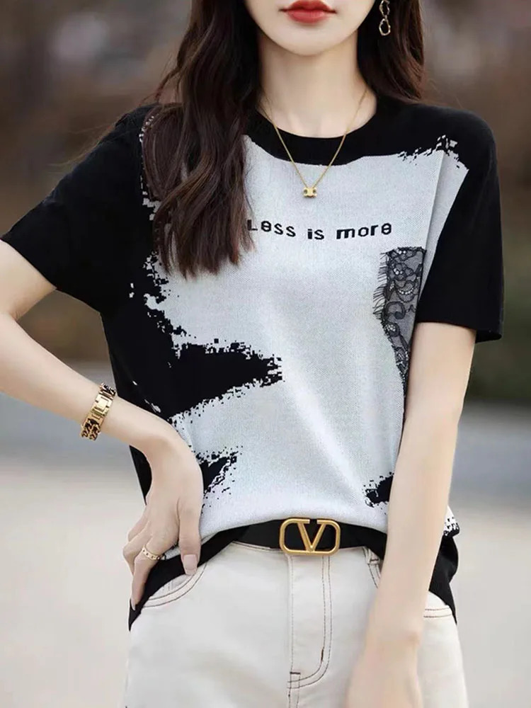 Summer High Quality Ice Silk Contrast Ink Painting Jacquard Fashion Western Knitted Short sleeved Womens T-shirt Bottom Top 240806