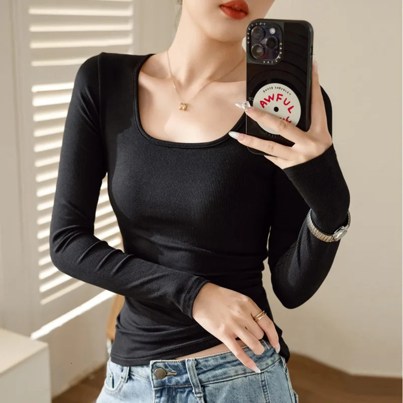 #0411 Autumn Winter Stretch Cotton Long Sleeve T Shirt Women Square Collar Sexy Solid Color Skinny T Shirt Female Korean Style 240806