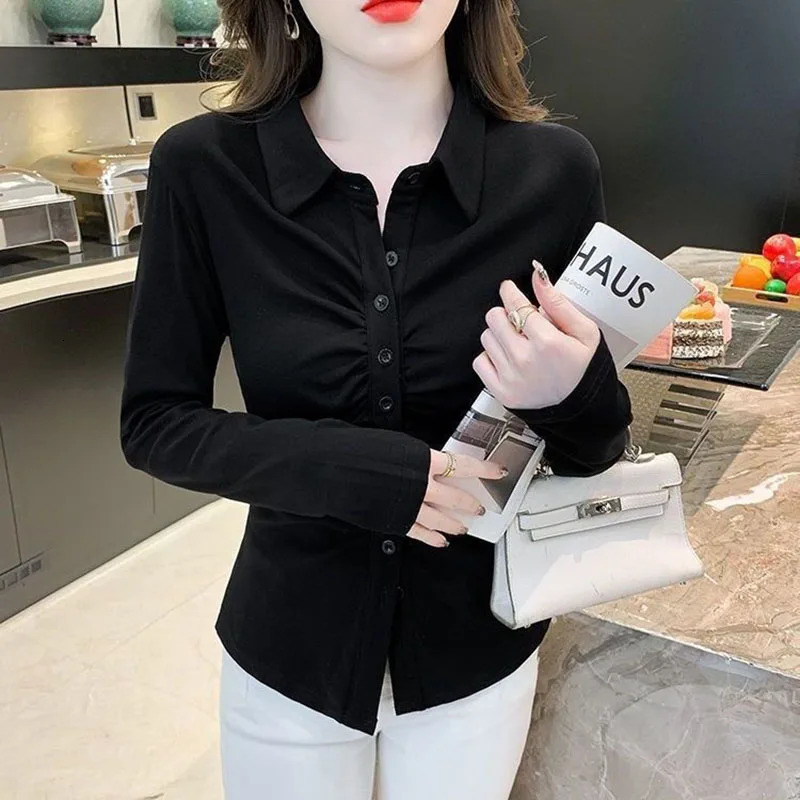 Fashion Lapel Solid Color Button Folds Shirts Womens Clothing Autumn Winter Loose Elegant Tops Office Lady Blouses 240806