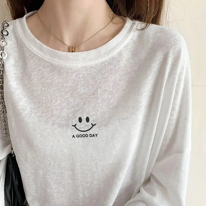 Summer White Ice Silk Letter Print Thin T Shirts Long Sleeve Solid Color Loose Casual Tops Tees Fashion Trend Women Clothing 240806