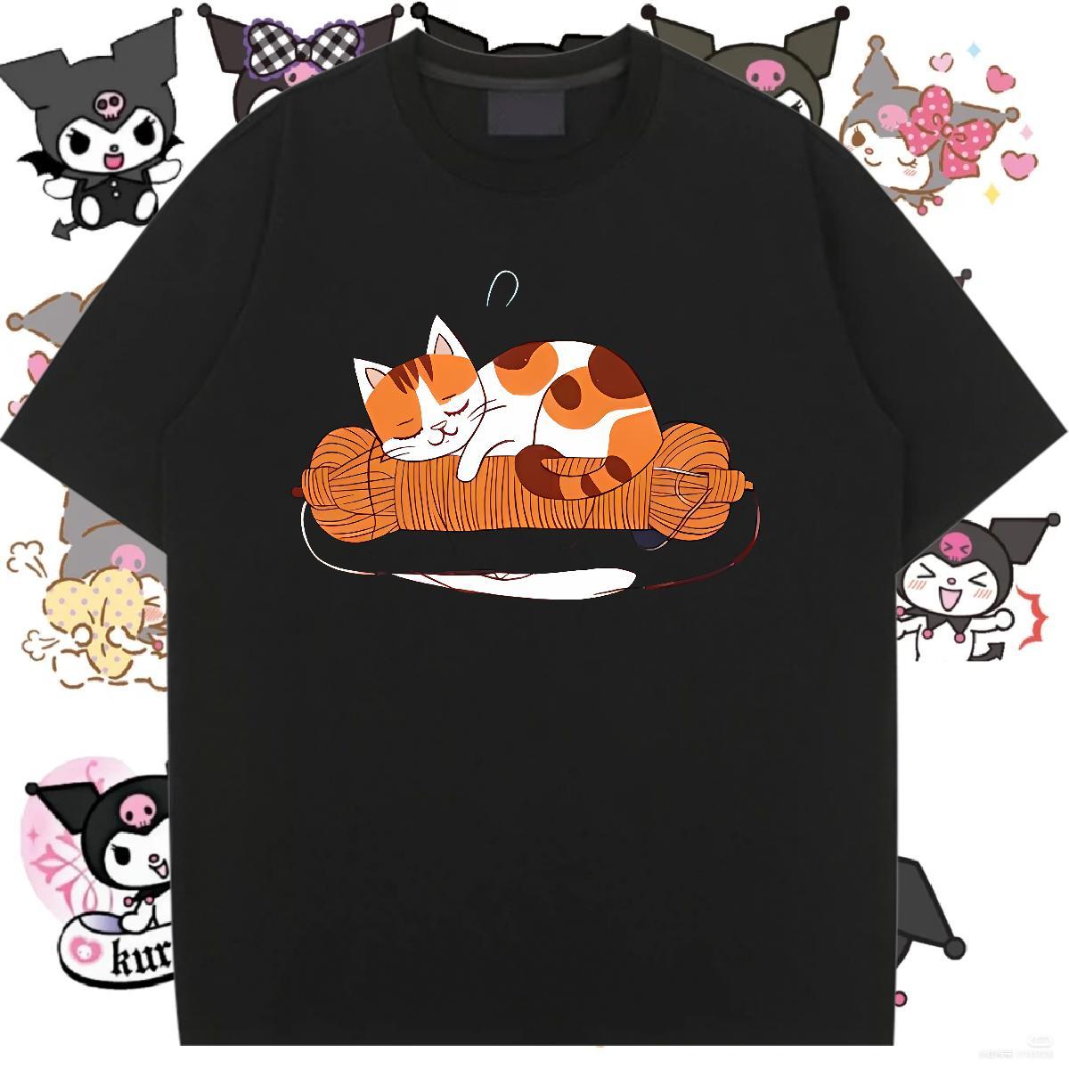 Loose T Shirts Women O-Neck Short Sleeve Women Tees DIY Anime Printed cat Casual 230g Pure Cotton TOP Quality Wear