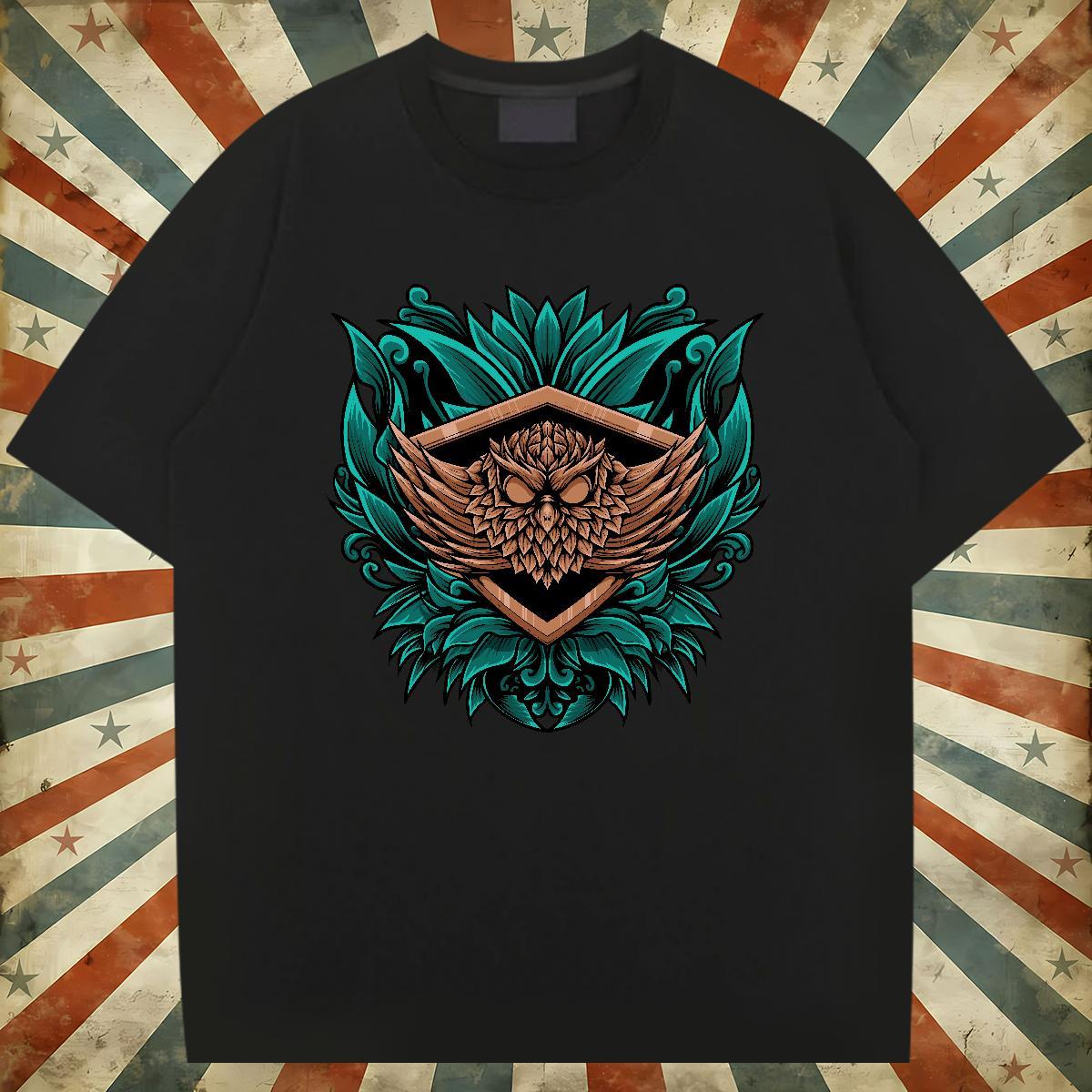 2024 New T-Shirts 230g Cotton Owl Anime Printing Street Clothings Breathable Crew Neck Loose Fit Mens Tshirts Customized