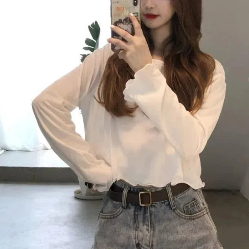 Korean Womens Spring Spliced Pullover Round Neck Fashion Solid Color Loose Minimalist Casual Long Sleeved T-shirt Top 240806