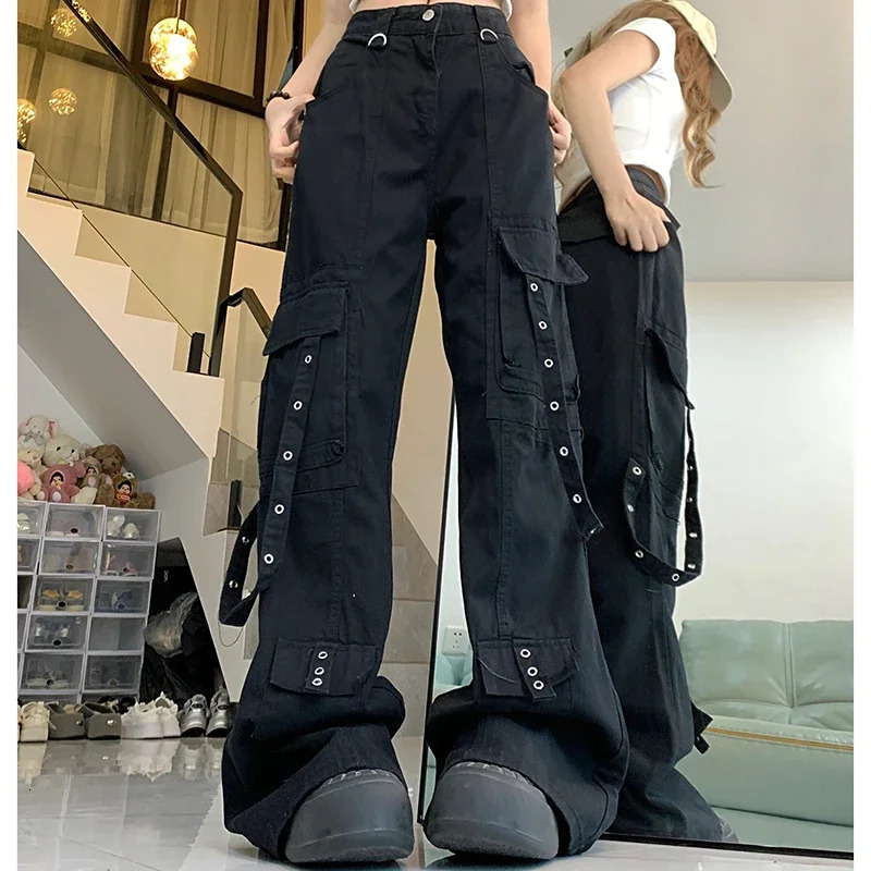 Woman High Waist American High Street Wide Leg Jeans Female Loose Oversized Cargo Pants Lady Black Denim Straight Leg Trousers 240806