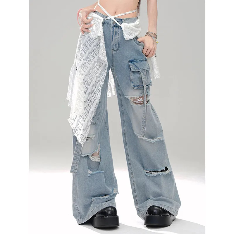 High Waist BlueWomens Jeans Vintage Straight Baggy Denim Pants Streetwear American Style Cargo Plus Size Wide Leg Denim Trouser 240806