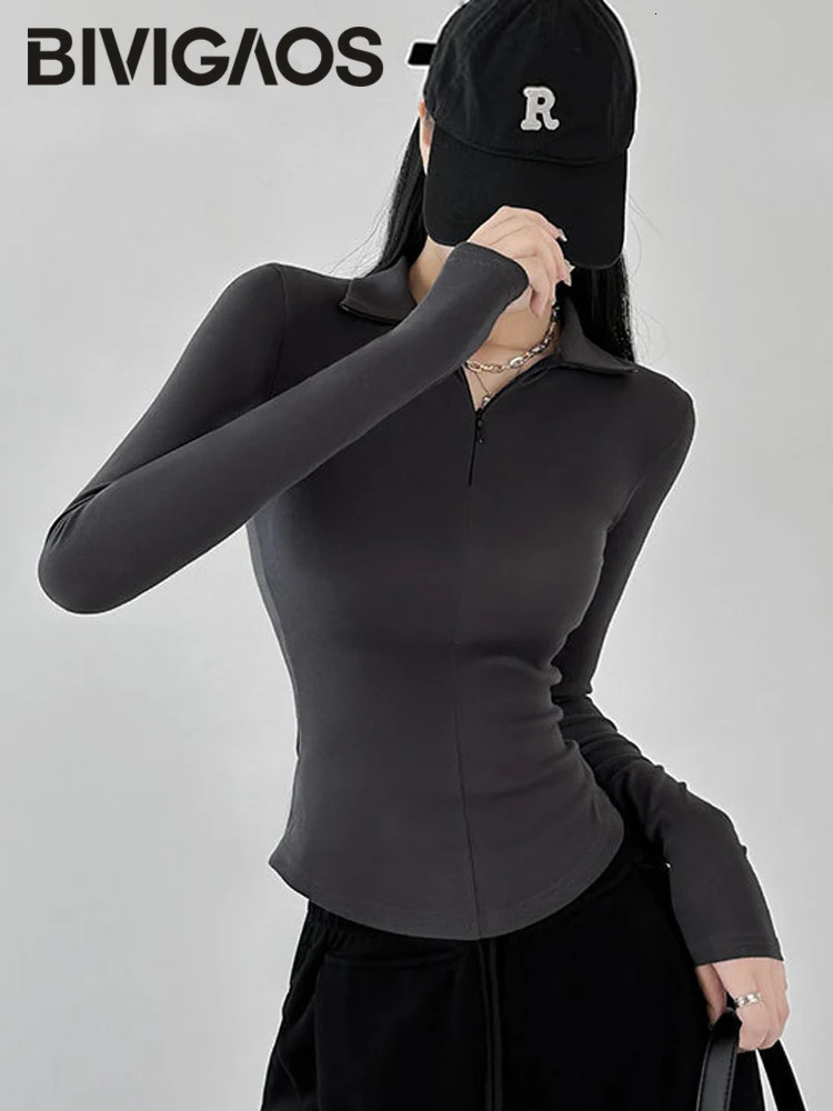 BIVIGAOS Spring Summer Slim Long-Sleeved T-shirt Women Black tie Cotton Zipper Lapel Polo Collar Top Bottoming Shirt 240806