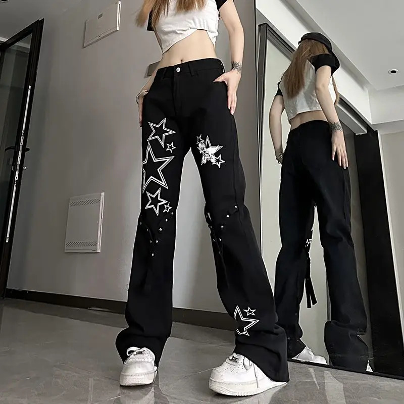 Harajuku Vintage High Waist Jeans Streetwear Women Clothing Y2k Patchwork Stars Prints Wide-leg Pants Casual Cargo Jeans 240806