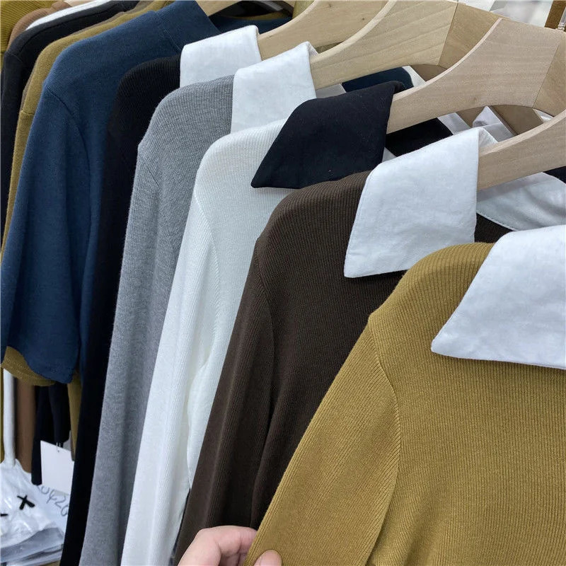 Patchwork Color Lapel Long Sleeve T Shirt Women Basic Shirts Fall Casual Elastic Rib-knit Polo Shirt Y2k Top Women Clothing 240806