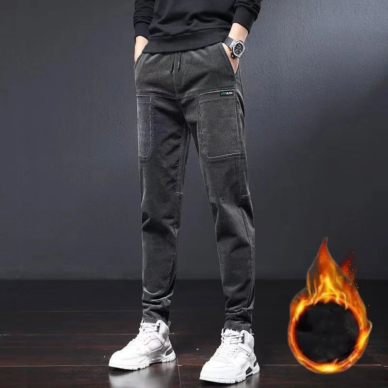 Streetwear Fashion Men Solid Corduroy Cargo Pants Autumn Winter Korean Slim Vintage Male Clothes Casual Warm Straight Trousers 240806