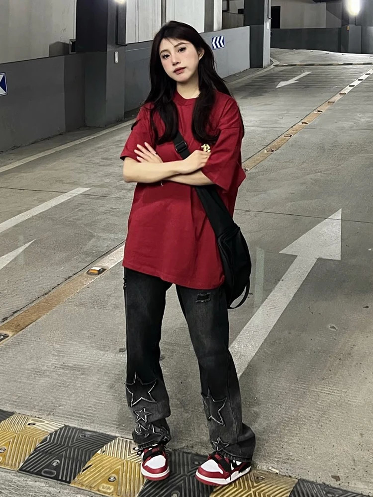 Womens Black Gothic Baggy Cargo Jeans with Star Harajuku Y2k 90s Aesthetic Denim Trousers Emo 2000s Jean Pants Vintage Clothes 240806