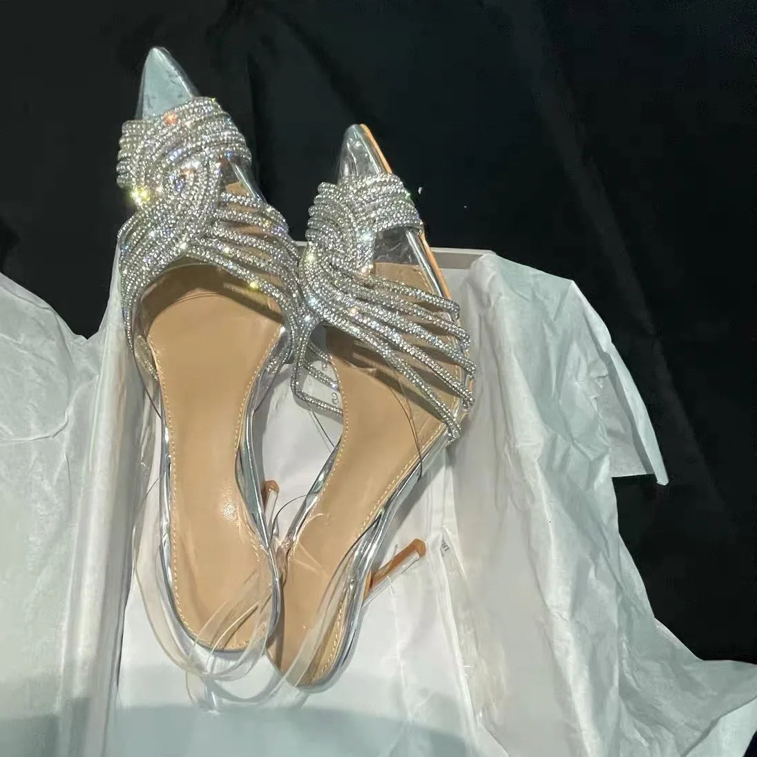 Pointed High Heels Womens Summer Sandals 2024 Womens Sexy Shoes Womens Transparent Buckle Cross Water Diamond Wedding Pump 240802