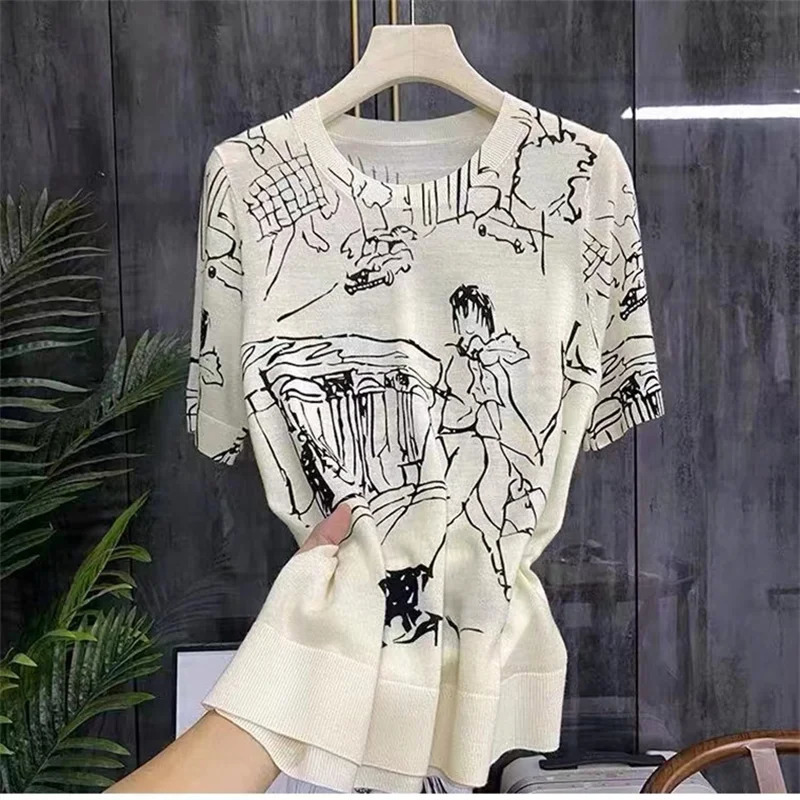Four Seasons Womens Long-Sleeve Round Neck Stitching Pullover T-Shirt Sweater Casual Top Korean Version Wool Short-Sleeve 240806