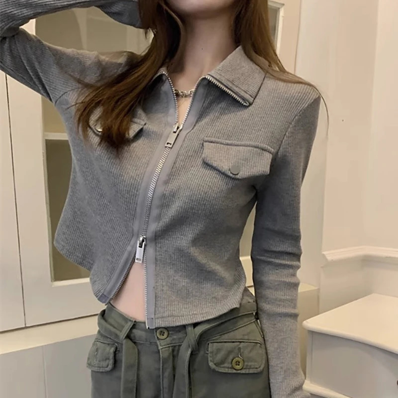Spring and Autumn Womens Fashion Polo Collar Zipper Long Sleeve T-shirt Y2K Womens Black Grey Ultra Thin Fashion Sexy Crop Top 240827