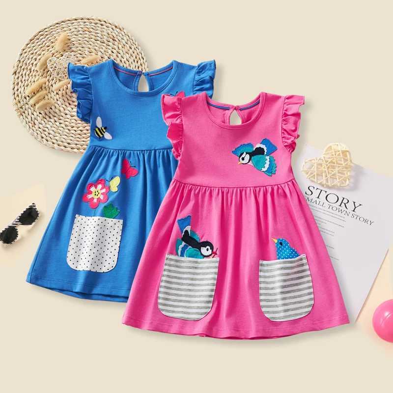 2 pure cotton short sleeved dresses with cartoon embroidery suitable for little girls to play during summer vacation back to school pocket style dress
