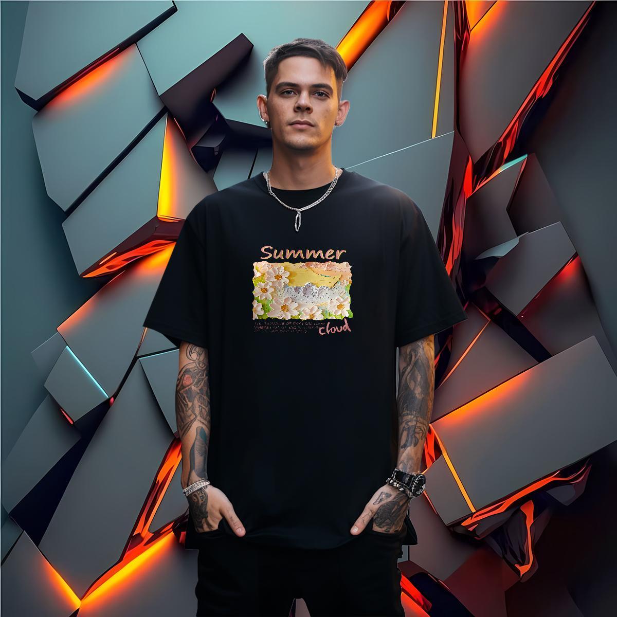 Man T Shirts 230g Cotton flower Daily Outfit Breathable Crew Neck Black Oversized Men Tops Tees Stylist Cool Wear