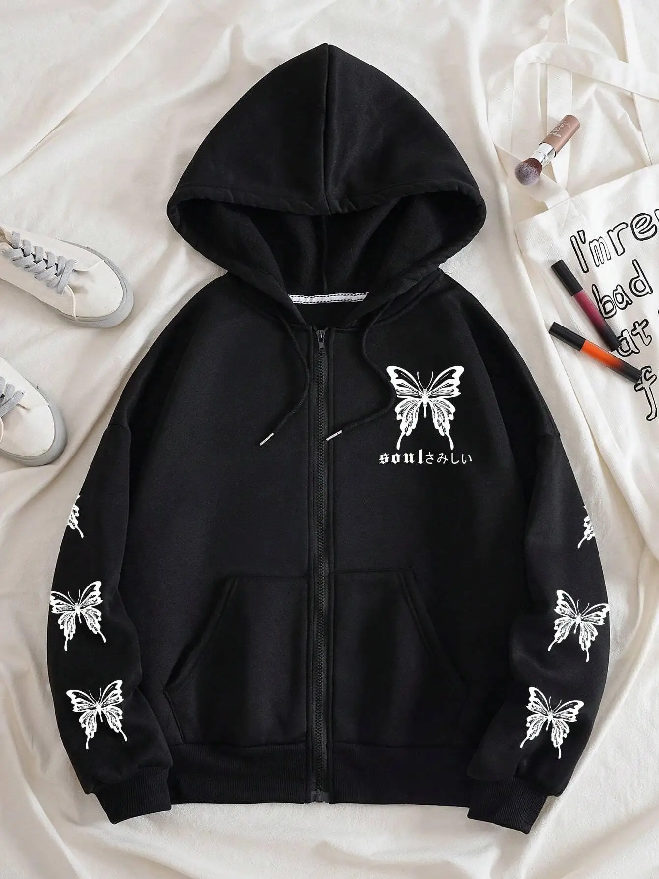 Simple Butterfly Letter Printed Zipper Hoodie Women Comfortable Warm Fleece Loose Clothing Casual Street Female Sportswears 240806