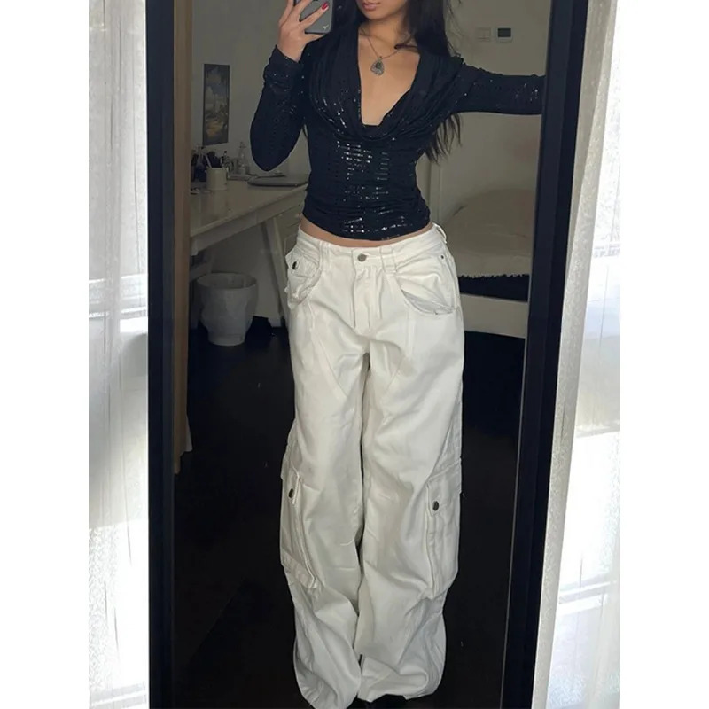 American Retro Multi-pocket Loose Casual Denim Cargo Pants Women Summer Streetwear Solid Color All Match Wide Leg Jeans 240806