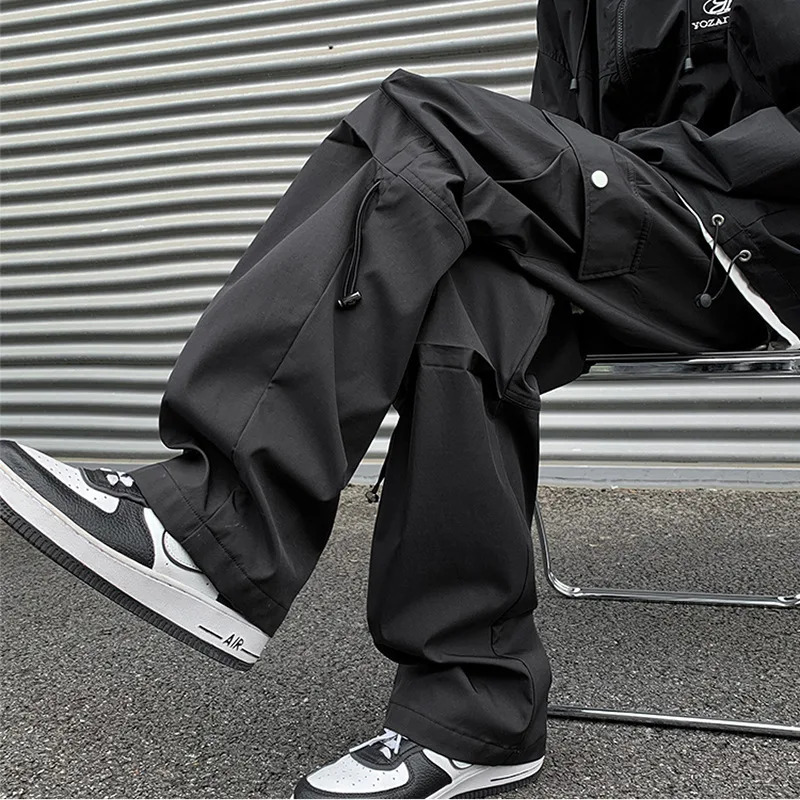 Techwear Mens Cargo Pants Y2k Black Harajuku Street Rashtraus Thin Straight Pocket Clothing Punk 240812