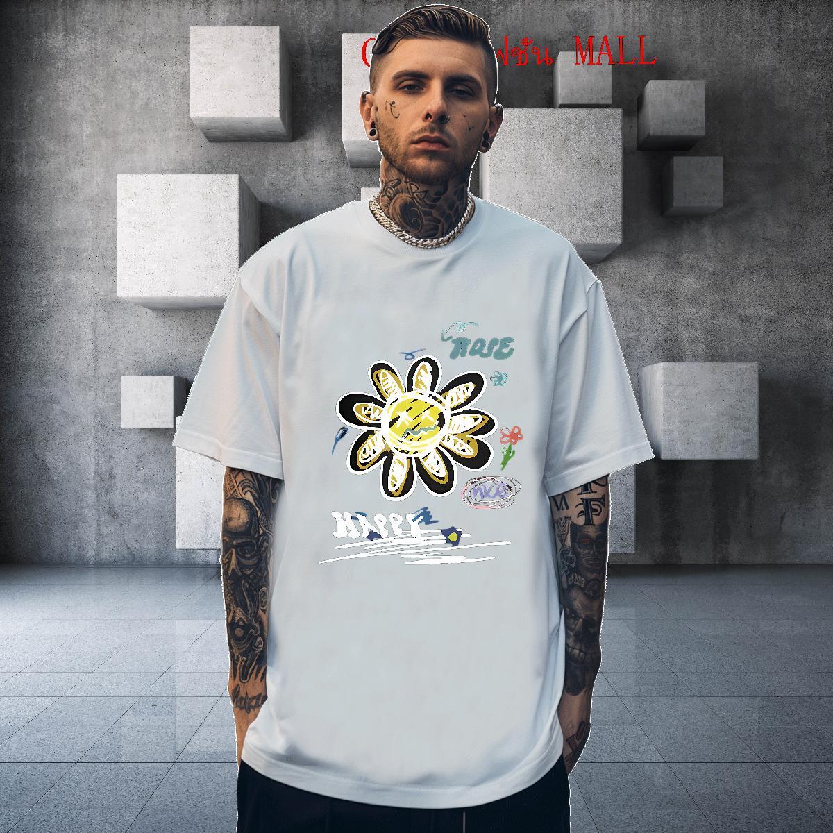 Stylist T Shirt For Man 100% Cotton 230g flower Street Casual Polos Pure Cotton Brand Couples T Shirts Black Oversized