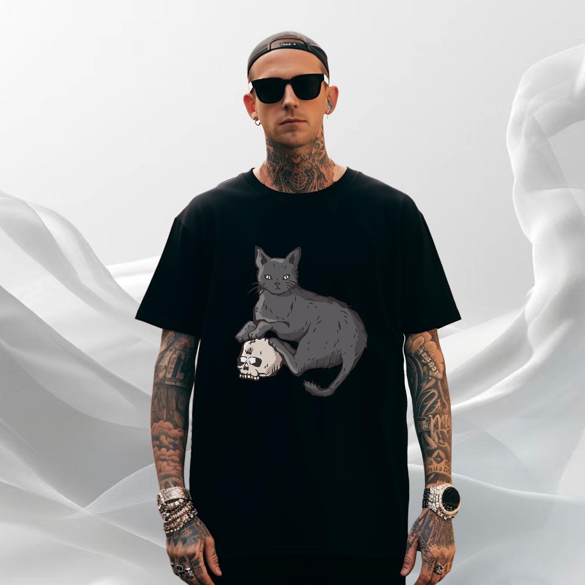 Soft Men Tops Tees 230g Cotton Street Casual cat Black Oversized O Neck Short Sleeves Casual New T shirt Tops Shirt
