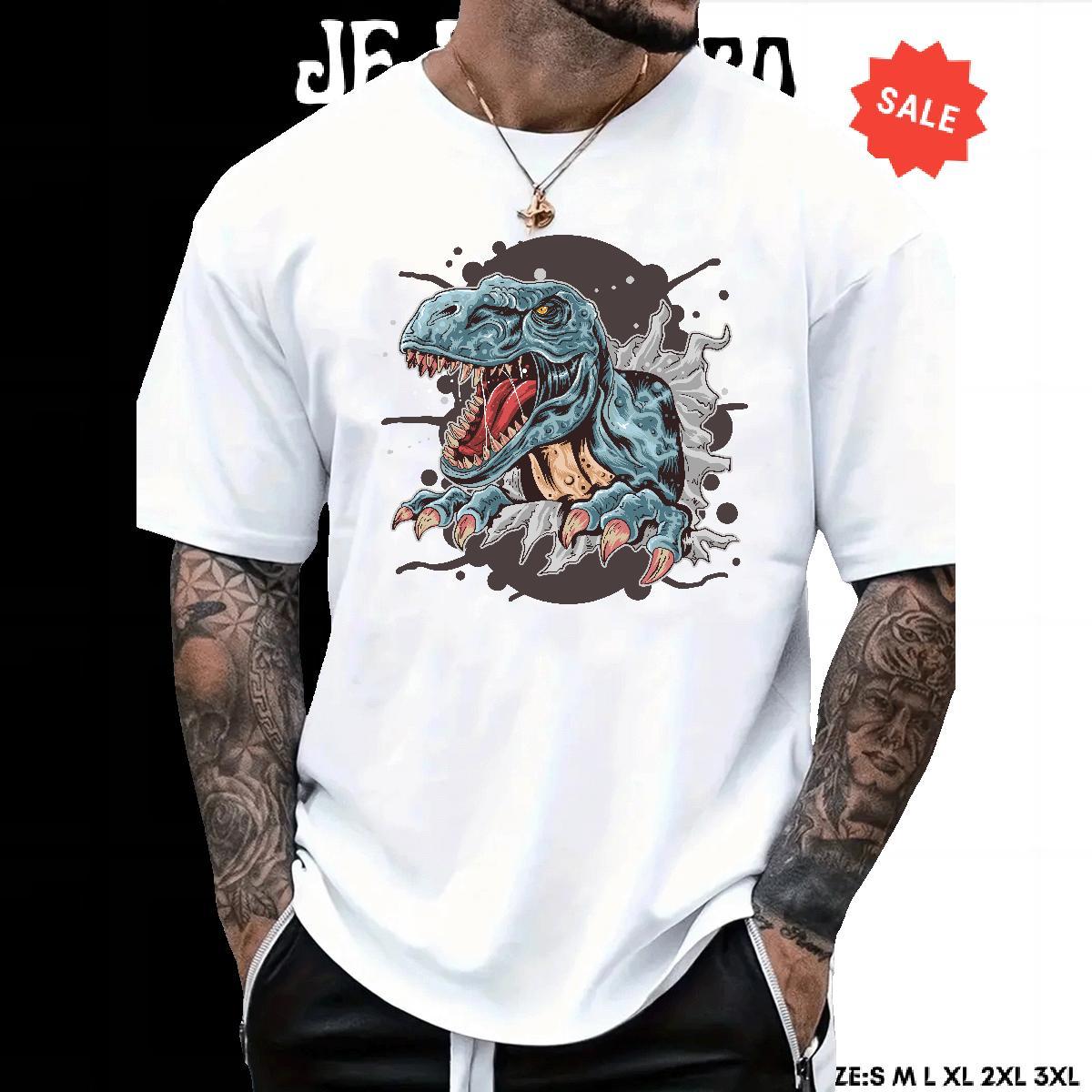 Comfortable Men Clothes T-Shirt 230g Cotton dinosaur Mens T Shirts Daily Outfit Short Sleeve Soft Cartoon Print Classic Top Tees