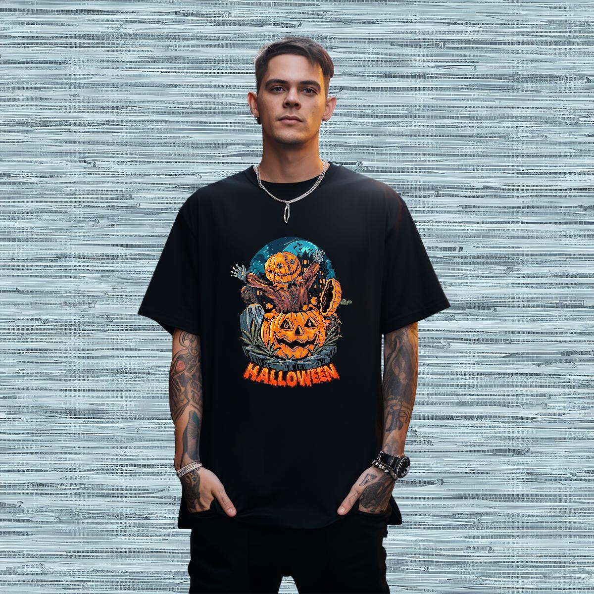 T-Shirts for Men 230g 100% Cotton Halloween Street wear Hip Hop Breathable Crew Neck Custom Printed Men Tees Casual New Classic Top Tees
