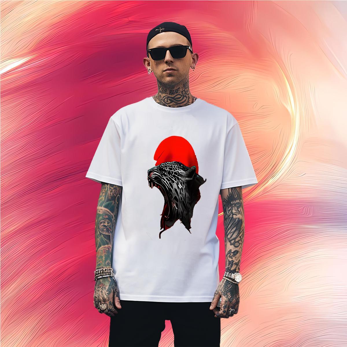 Men T Shirts 230g Cotton leopard Casual Beach O-Neck Short Sleeve Cartoon Print Men Clothes T-Shirt Fashion Design Brand Tops Shirt